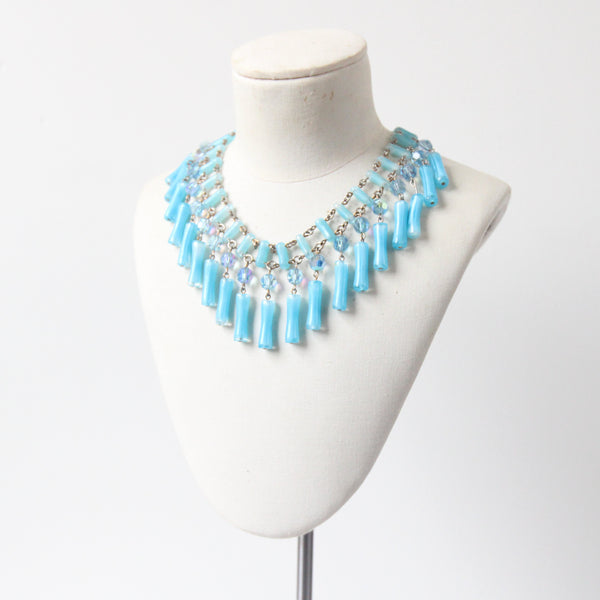 "Aqua Pressed Glass" Vintage 1950's Aqua Blue Glass Beaded Necklace