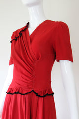 "Velvet Trims" Vintage 1940's Red Crepe & Black Velvet Trim Dress UK 8-10 US 4-6