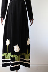 "Pleated Tulips" Vintage 1970's Black Velvet Tulip Detail Skirt & Jacket Set UK 8 US 4