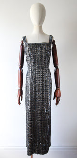 "Silver Checkers" Vintage 1960's Silver Sequin & Beaded Evening Dress UK 14-16 US 10-12