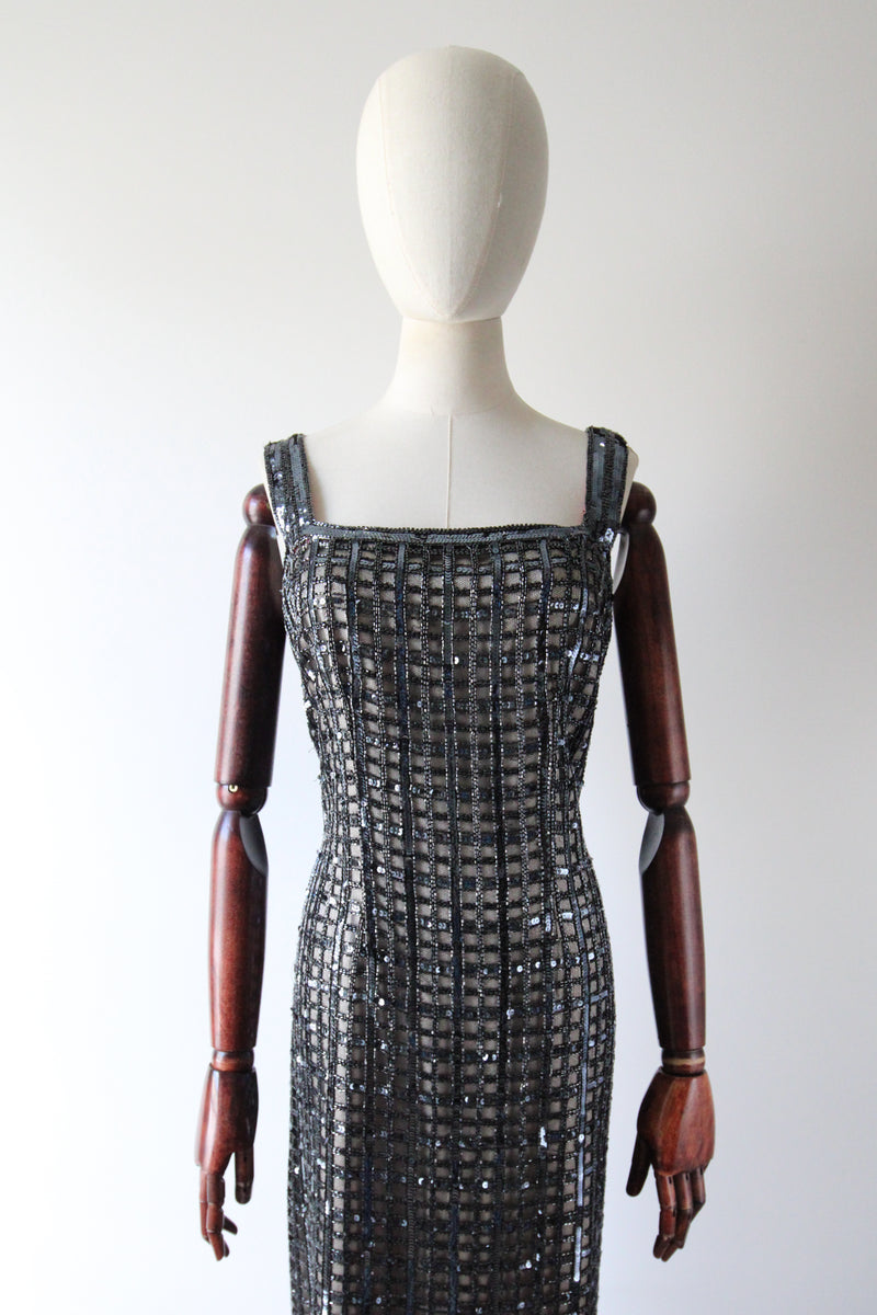 "Silver Checkers" Vintage 1960's Silver Sequin & Beaded Evening Dress UK 14-16 US 10-12