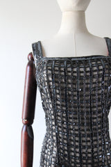 "Silver Checkers" Vintage 1960's Silver Sequin & Beaded Evening Dress UK 14-16 US 10-12