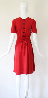 "Velvet Trims" Vintage 1940's Red Crepe & Black Velvet Trim Dress UK 8-10 US 4-6