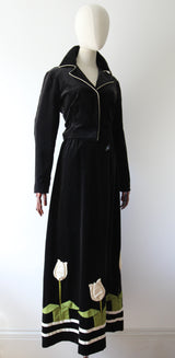 "Pleated Tulips" Vintage 1970's Black Velvet Tulip Detail Skirt & Jacket Set UK 8 US 4