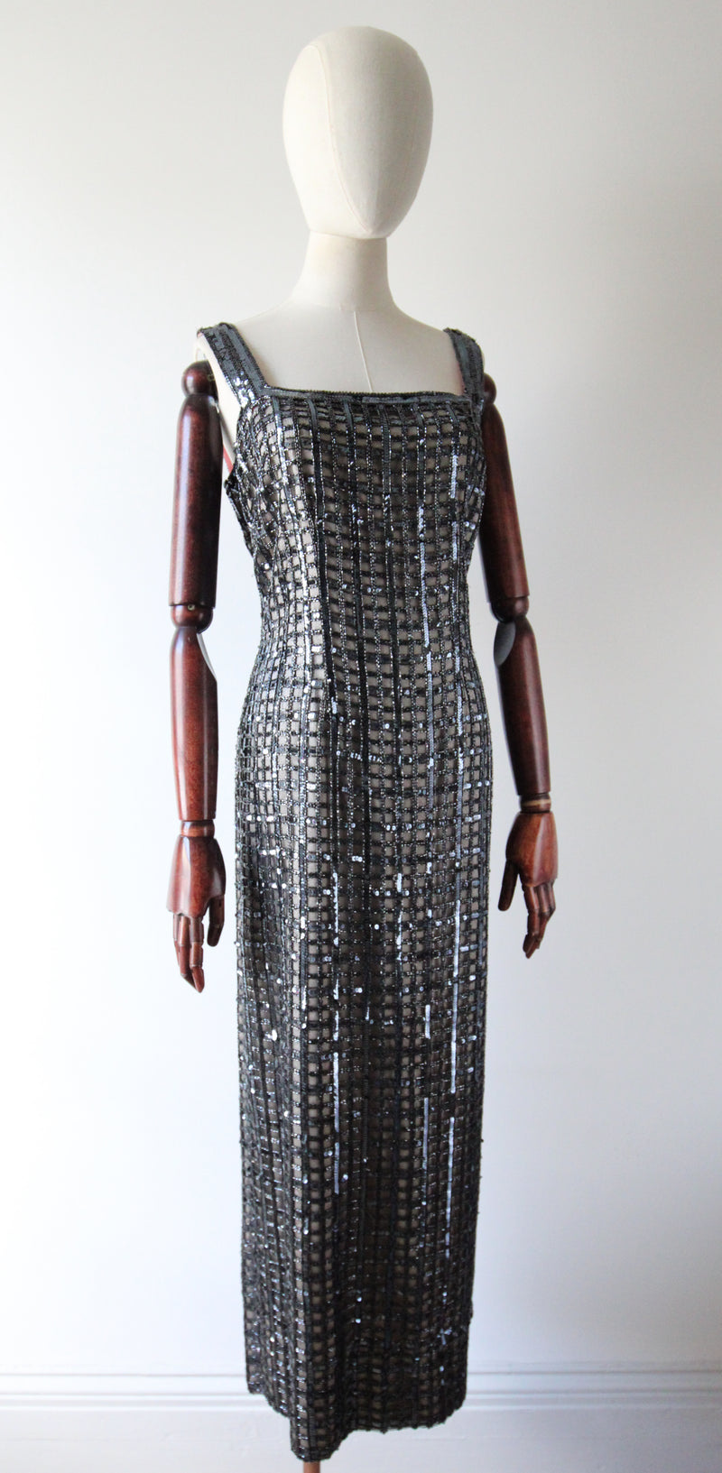 "Silver Checkers" Vintage 1960's Silver Sequin & Beaded Evening Dress UK 14-16 US 10-12