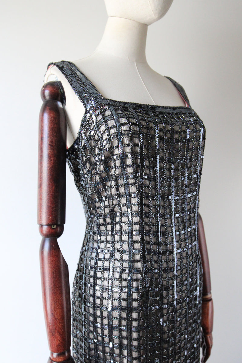 "Silver Checkers" Vintage 1960's Silver Sequin & Beaded Evening Dress UK 14-16 US 10-12