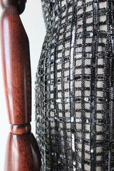 "Silver Checkers" Vintage 1960's Silver Sequin & Beaded Evening Dress UK 14-16 US 10-12