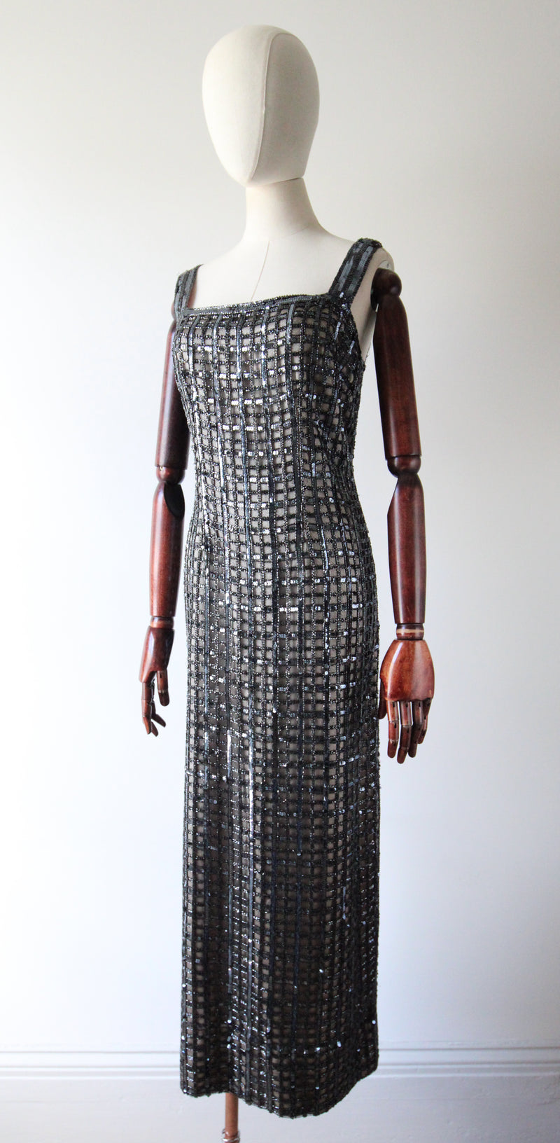 "Silver Checkers" Vintage 1960's Silver Sequin & Beaded Evening Dress UK 14-16 US 10-12