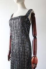 "Silver Checkers" Vintage 1960's Silver Sequin & Beaded Evening Dress UK 14-16 US 10-12