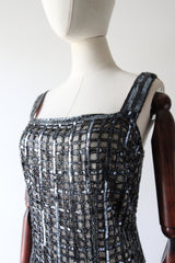 "Silver Checkers" Vintage 1960's Silver Sequin & Beaded Evening Dress UK 14-16 US 10-12