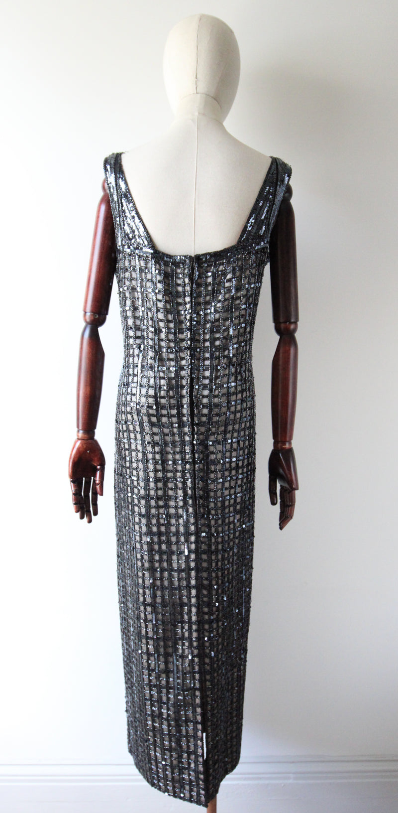 "Silver Checkers" Vintage 1960's Silver Sequin & Beaded Evening Dress UK 14-16 US 10-12