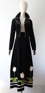 "Pleated Tulips" Vintage 1970's Black Velvet Tulip Detail Skirt & Jacket Set UK 8 US 4