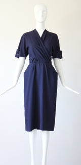 "Navy Blue Pleats" Vintage 1940's Navy Blue Pleated Button Back Dress UK 10 US 6