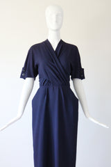 "Navy Blue Pleats" Vintage 1940's Navy Blue Pleated Button Back Dress UK 10 US 6