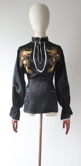 "Gold Dragons" Vintage 1950's Black Rayon Satin Gold Dragon Embroidered Blouse UK 12 US 8