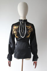 "Gold Dragons" Vintage 1950's Black Rayon Satin Gold Dragon Embroidered Blouse UK 12 US 8