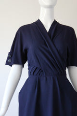 "Navy Blue Pleats" Vintage 1940's Navy Blue Pleated Button Back Dress UK 10 US 6