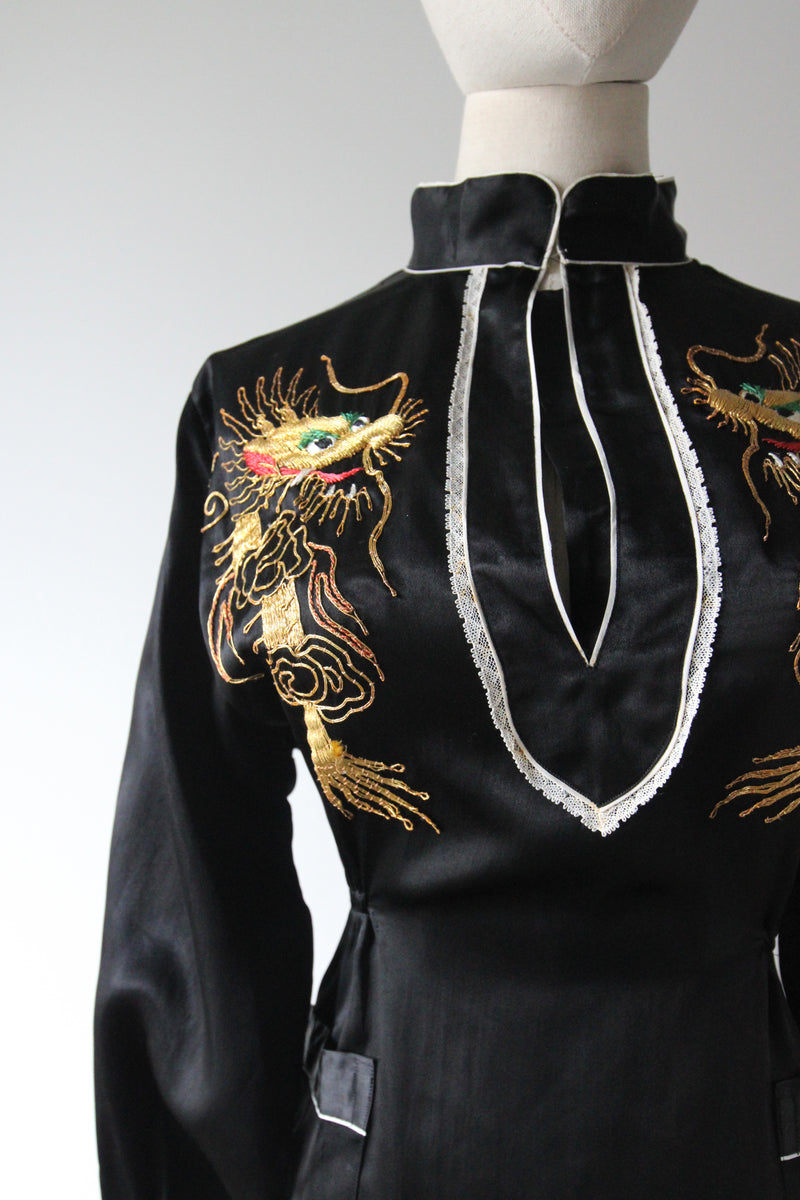 "Gold Dragons" Vintage 1950's Black Rayon Satin Gold Dragon Embroidered Blouse UK 12 US 8