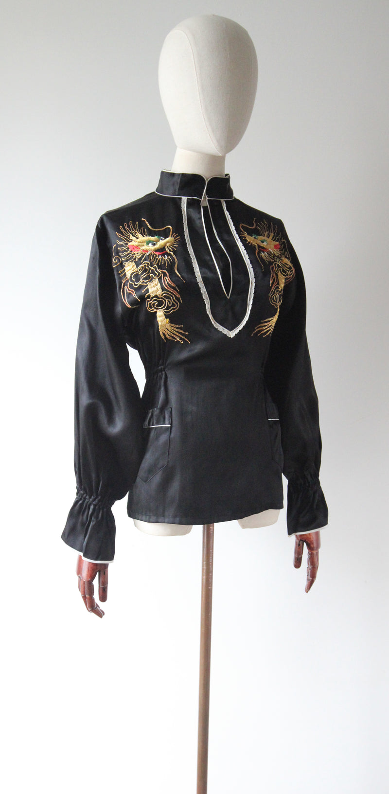 "Gold Dragons" Vintage 1950's Black Rayon Satin Gold Dragon Embroidered Blouse UK 12 US 8