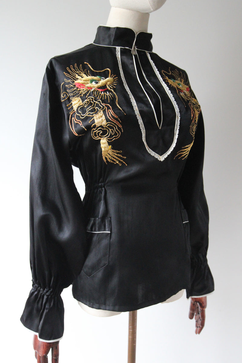 "Gold Dragons" Vintage 1950's Black Rayon Satin Gold Dragon Embroidered Blouse UK 12 US 8