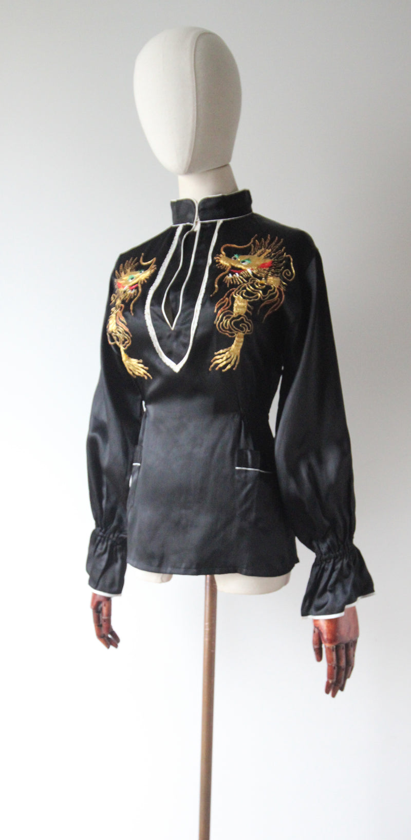 "Gold Dragons" Vintage 1950's Black Rayon Satin Gold Dragon Embroidered Blouse UK 12 US 8