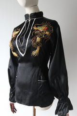 "Gold Dragons" Vintage 1950's Black Rayon Satin Gold Dragon Embroidered Blouse UK 12 US 8