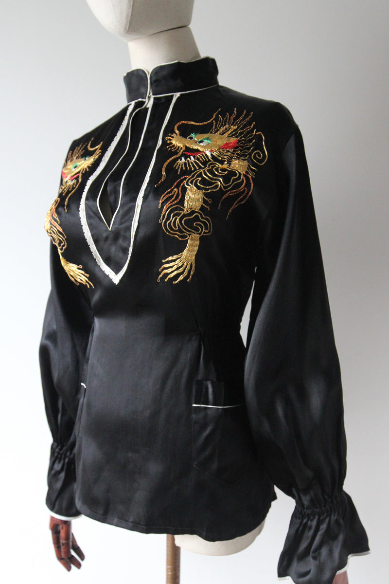 "Gold Dragons" Vintage 1950's Black Rayon Satin Gold Dragon Embroidered Blouse UK 12 US 8