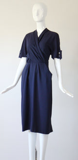 "Navy Blue Pleats" Vintage 1940's Navy Blue Pleated Button Back Dress UK 10 US 6