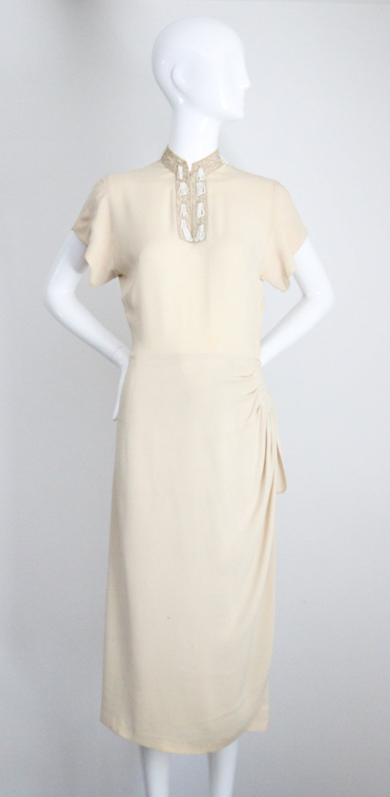 "Rocailles Tassels" Vintage 1940's Cream Soutache & Beaded Embellished Dress UK 8 US 4
