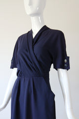 "Navy Blue Pleats" Vintage 1940's Navy Blue Pleated Button Back Dress UK 10 US 6