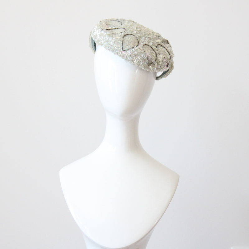 "Ice Blue Sequins" Vintage 1950's Iridescent Ice Blue Sequin Percher Hat
