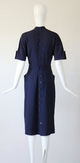"Navy Blue Pleats" Vintage 1940's Navy Blue Pleated Button Back Dress UK 10 US 6
