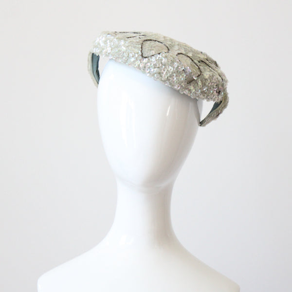 "Ice Blue Sequins" Vintage 1950's Iridescent Ice Blue Sequin Percher Hat