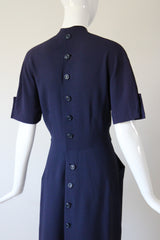 "Navy Blue Pleats" Vintage 1940's Navy Blue Pleated Button Back Dress UK 10 US 6