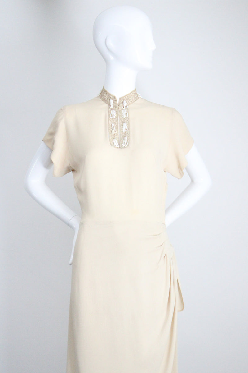 "Rocailles Tassels" Vintage 1940's Cream Soutache & Beaded Embellished Dress UK 8 US 4