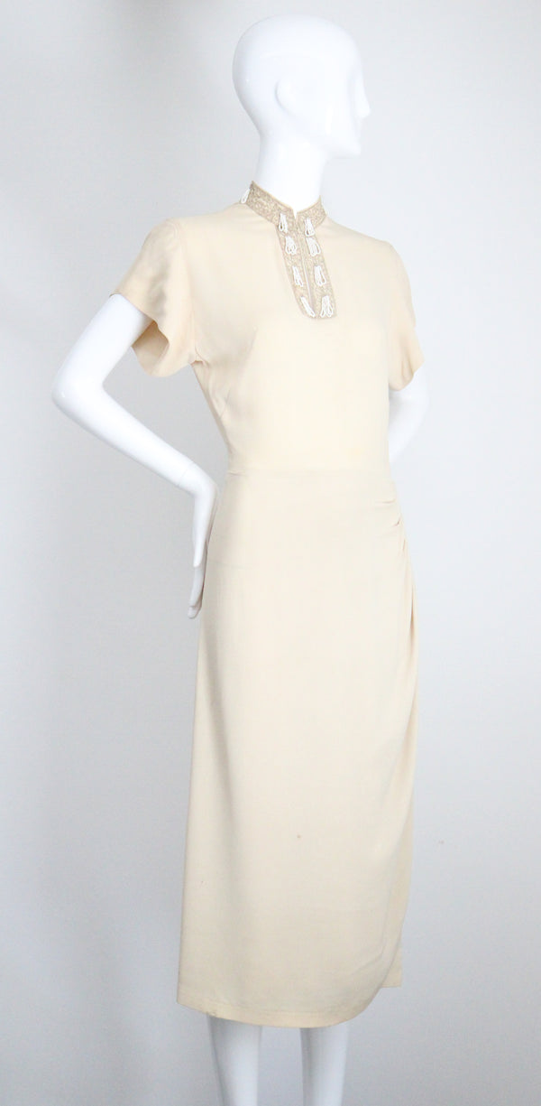 "Rocailles Tassels" Vintage 1940's Cream Soutache & Beaded Embellished Dress UK 8 US 4