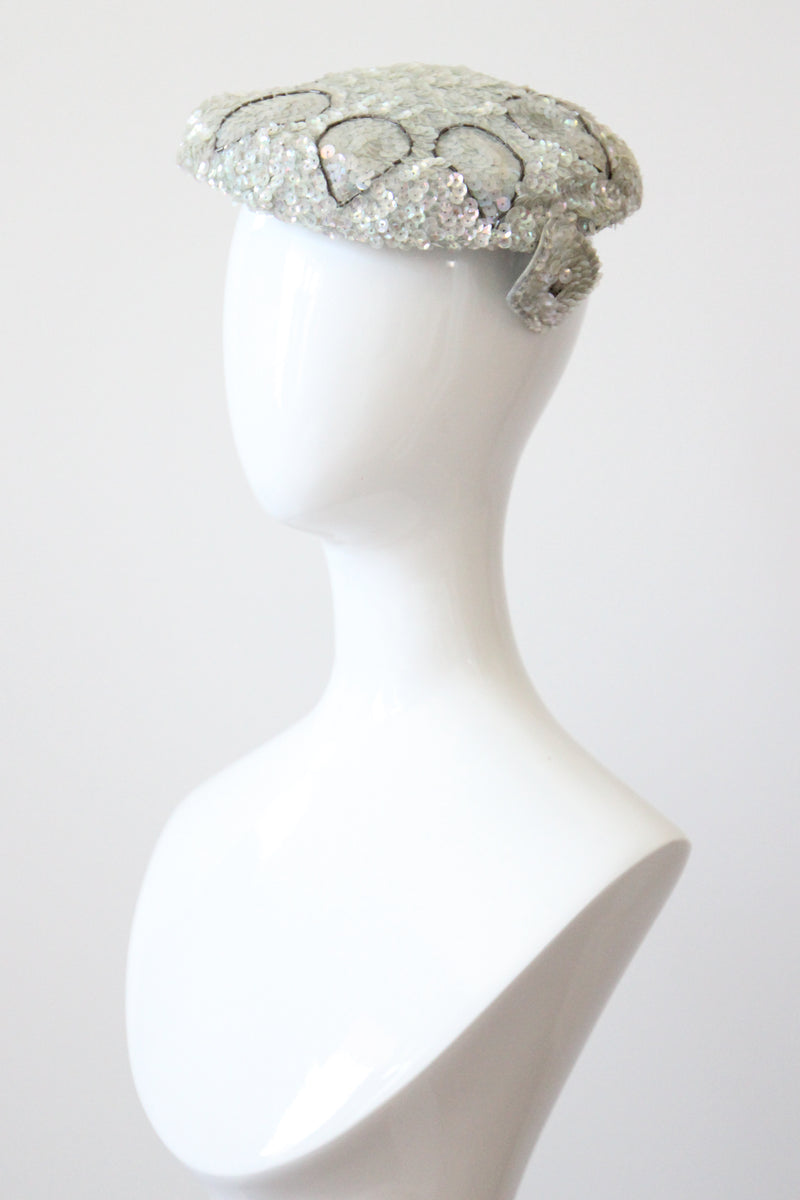 "Ice Blue Sequins" Vintage 1950's Iridescent Ice Blue Sequin Percher Hat