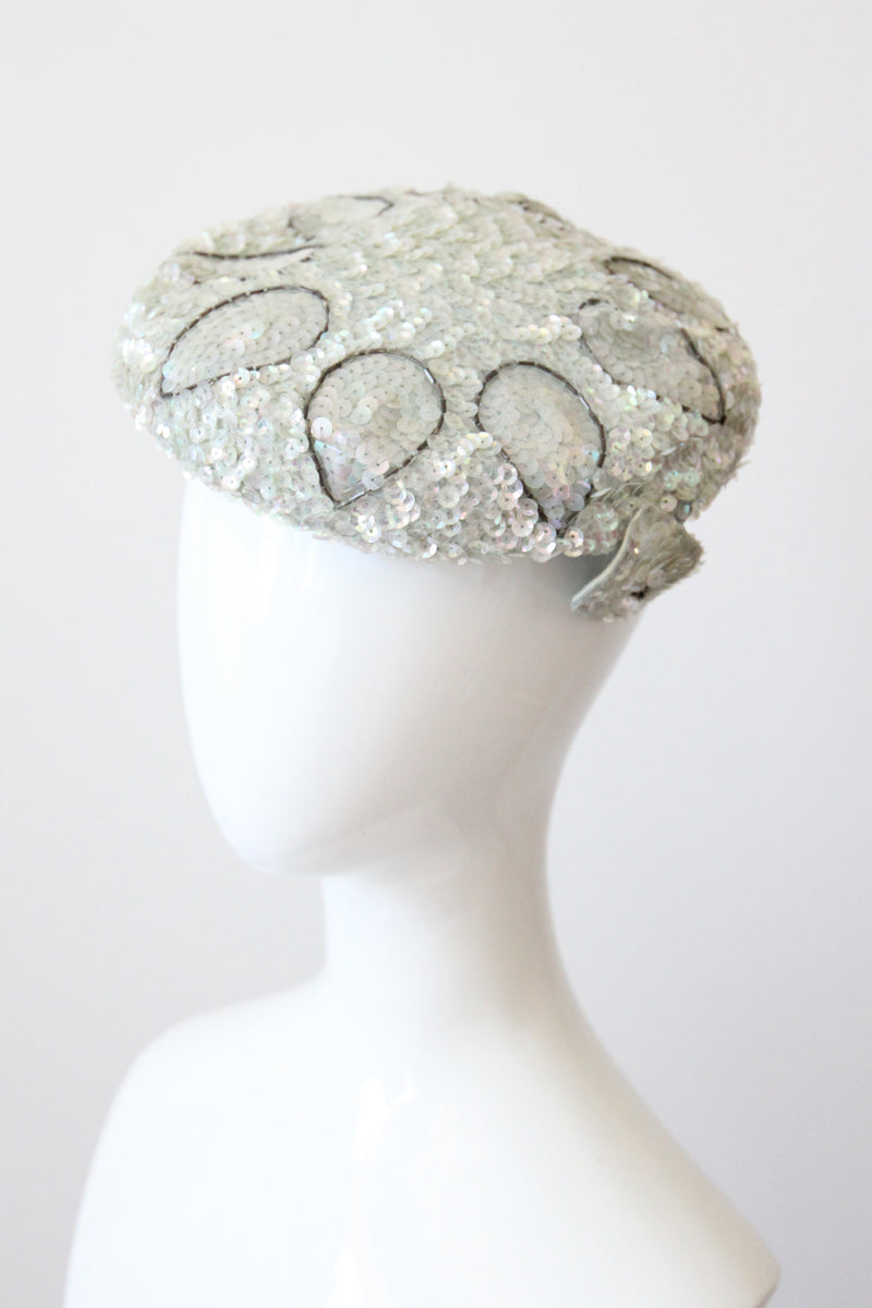 "Ice Blue Sequins" Vintage 1950's Iridescent Ice Blue Sequin Percher Hat
