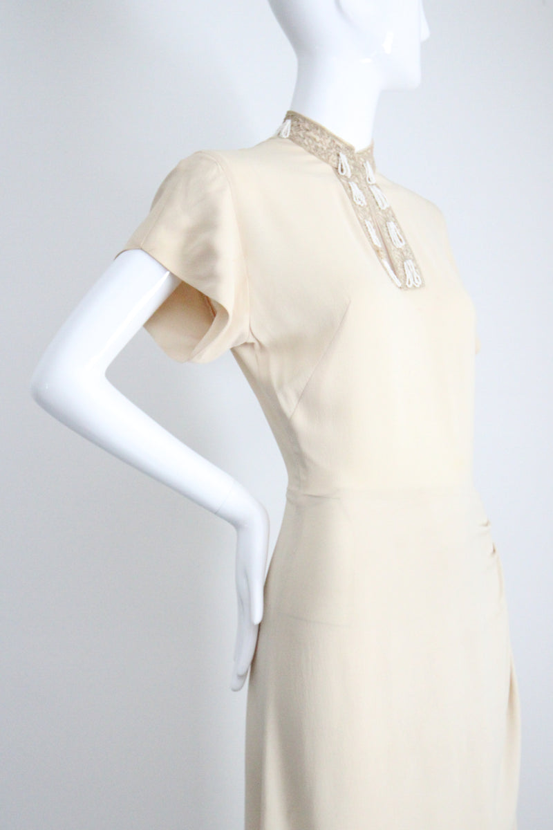 "Rocailles Tassels" Vintage 1940's Cream Soutache & Beaded Embellished Dress UK 8 US 4