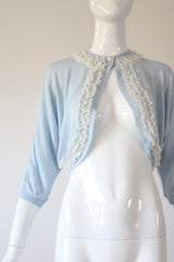 "Lace Edges" Vintage 1950's Blue Lace Embellished Cardigan UK 12 US 8