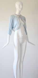 "Lace Edges" Vintage 1950's Blue Lace Embellished Cardigan UK 12 US 8
