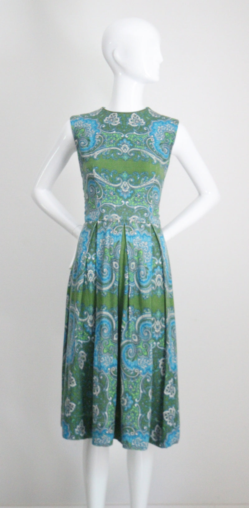 "Aqua Paisley" Vintage 1960's Aqua Paisley Cotton Dress UK 10 US 6