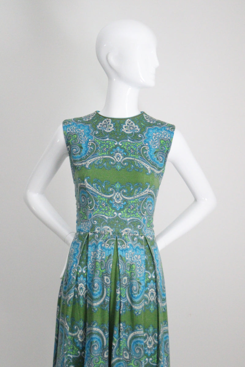 "Aqua Paisley" Vintage 1960's Aqua Paisley Cotton Dress UK 10 US 6