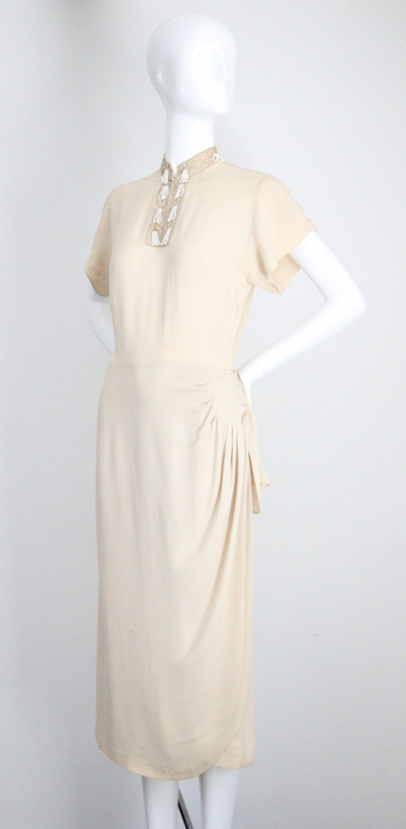 "Rocailles Tassels" Vintage 1940's Cream Soutache & Beaded Embellished Dress UK 8 US 4