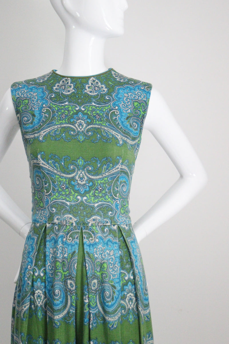 "Aqua Paisley" Vintage 1960's Aqua Paisley Cotton Dress UK 10 US 6