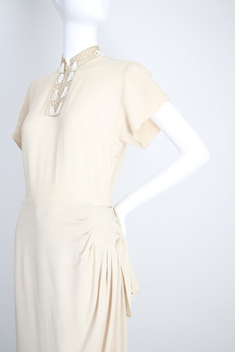 "Rocailles Tassels" Vintage 1940's Cream Soutache & Beaded Embellished Dress UK 8 US 4