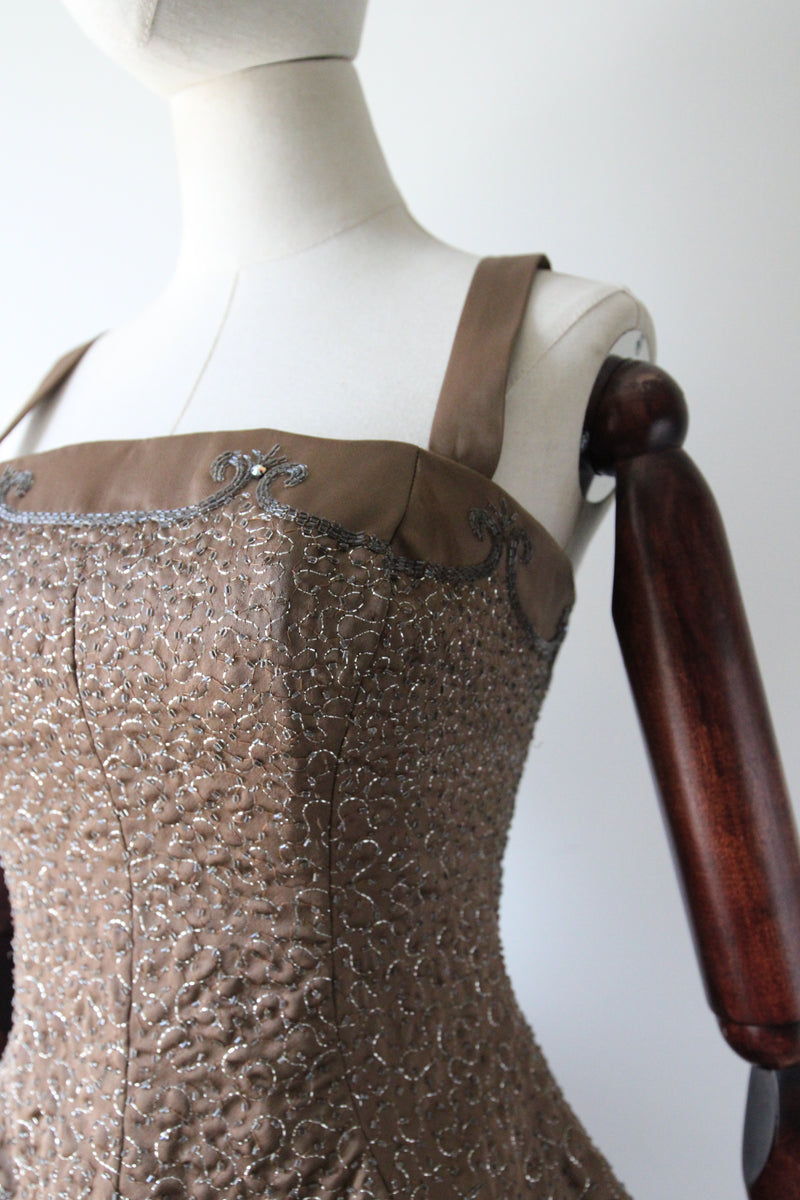 "Swirling Silver Threads & Beadwork" Vintage 1950's Beaded & Embroidered Hooped Satin Cocktail Dress UK 8 US 4