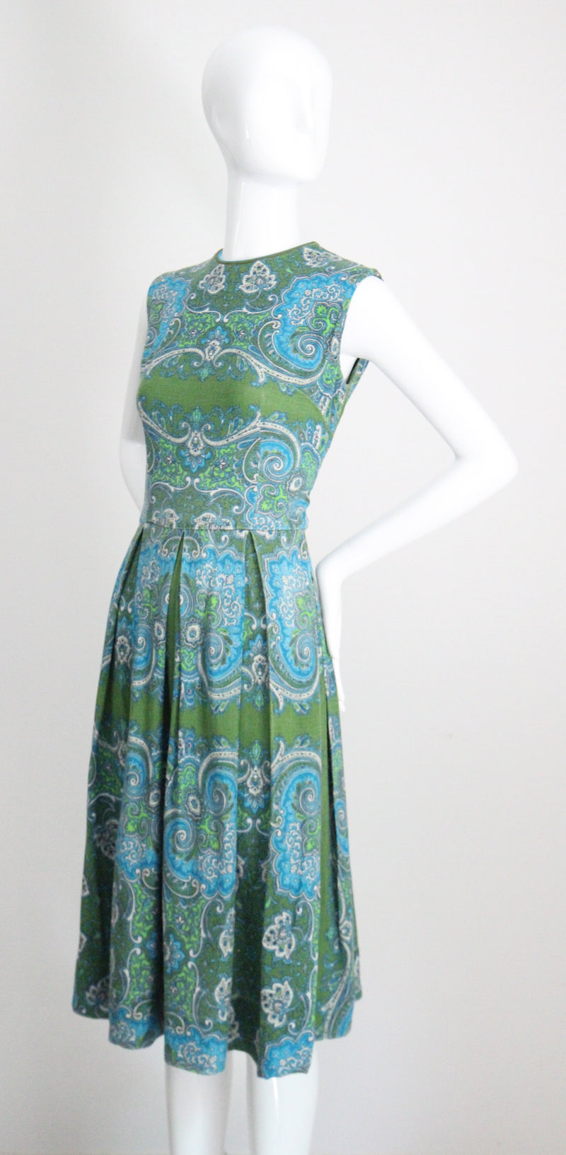 "Aqua Paisley" Vintage 1960's Aqua Paisley Cotton Dress UK 10 US 6