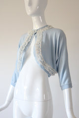 "Lace Edges" Vintage 1950's Blue Lace Embellished Cardigan UK 12 US 8