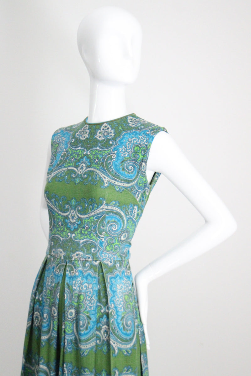 "Aqua Paisley" Vintage 1960's Aqua Paisley Cotton Dress UK 10 US 6